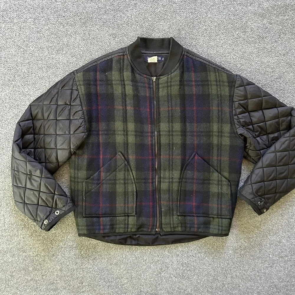 French Connection Jacket Men XL Green Tartan Plaid Wool Quilted Bomber Vintage